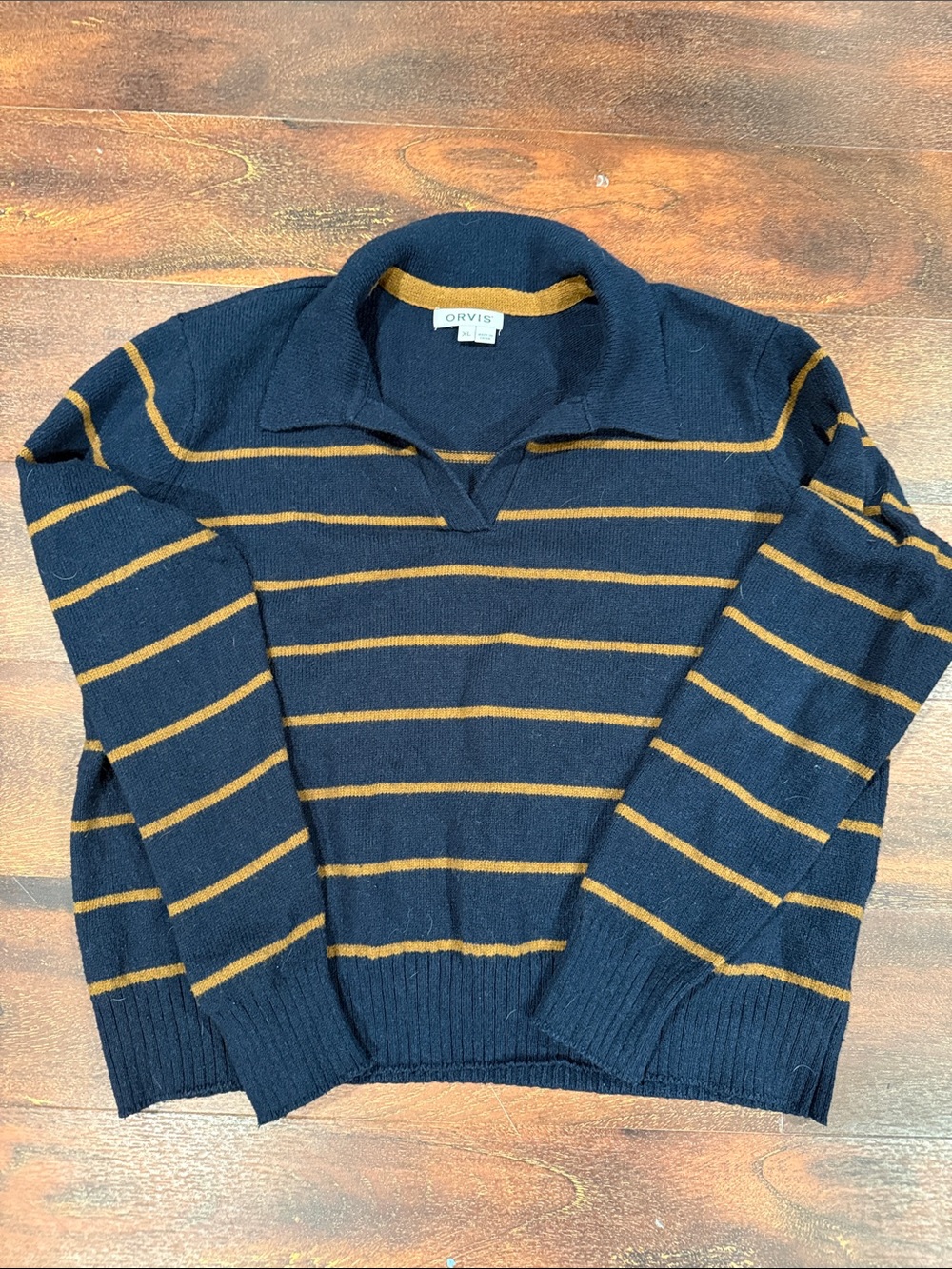 Orvis Navy Sweater with Orange Stripes - V-Neck Polo Style